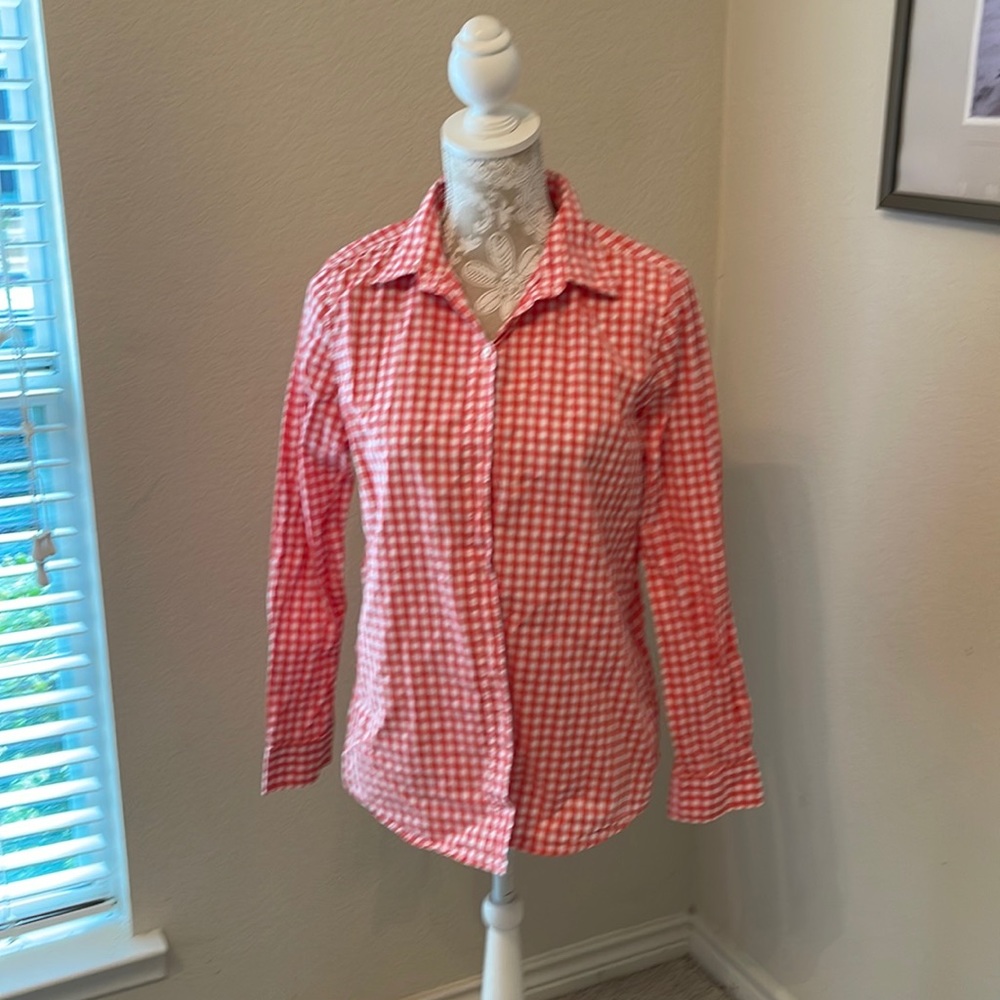 Joe Fresh button front orange and white gingham blouse, sz M